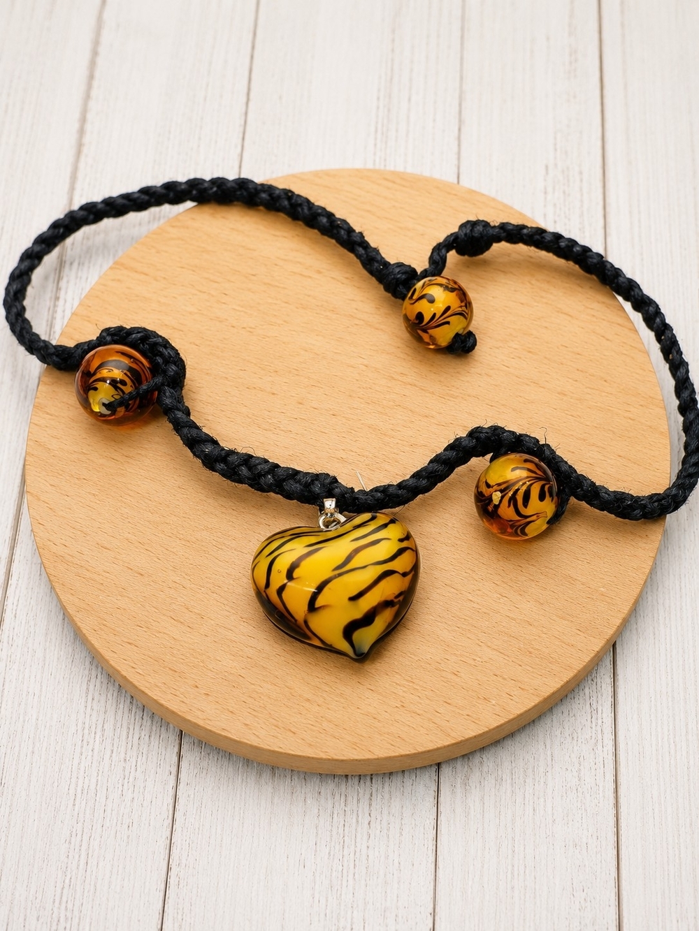 Handmade Yellow Heart Pendant Necklace with Black Braided Cord